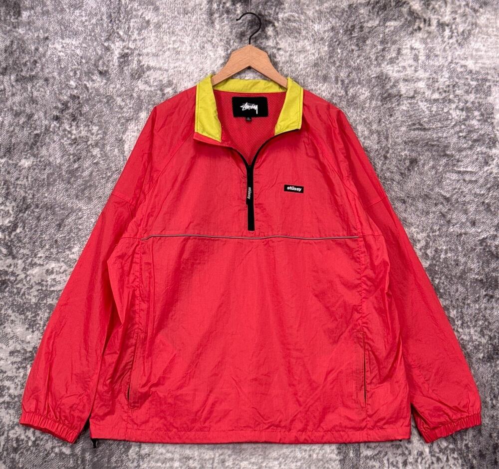STUSSY Sport Jacket XL Mens Coral Pink Half Zip Pullover Windbreaker